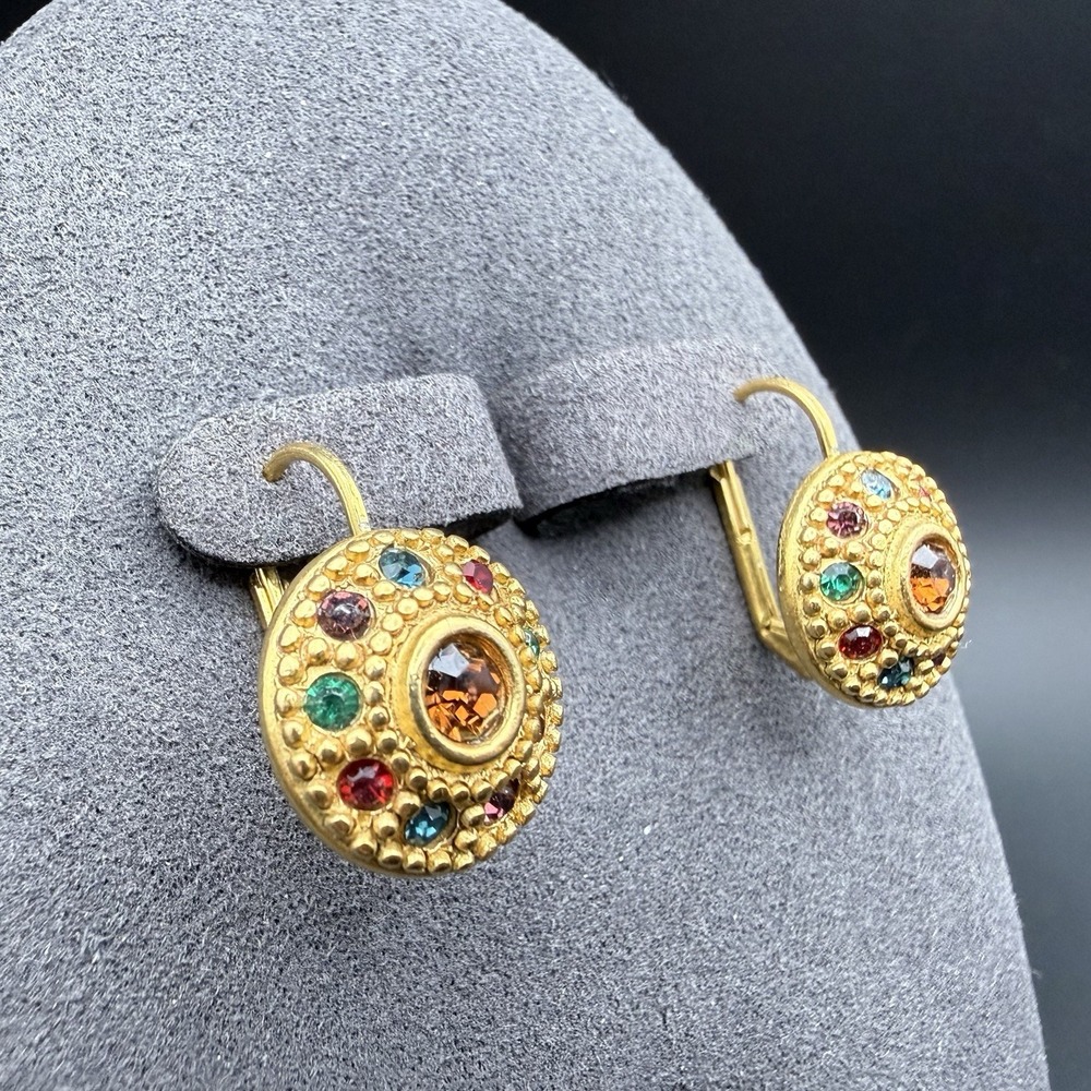 Vintage The Limited Multicolor Rhinestone Cabochon Medallion Earrings Gold Tone